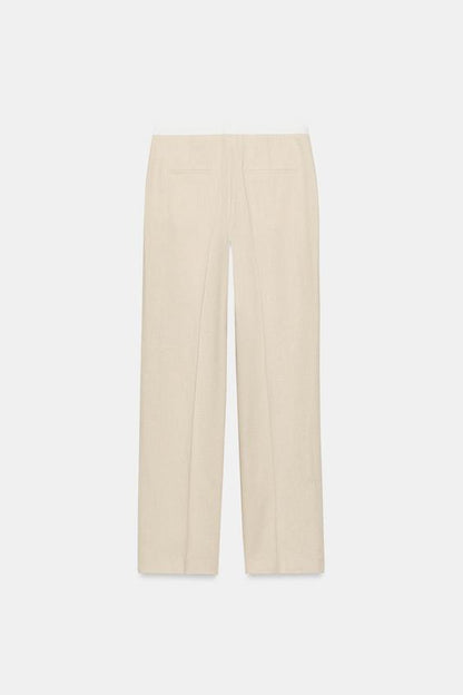 Pantalon droit en lin à taille contrastée