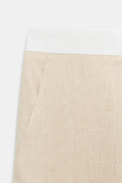 Pantalon droit en lin à taille contrastée
