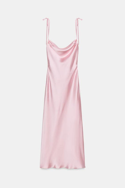 Robe midi satinée à bretelles avec nœuds