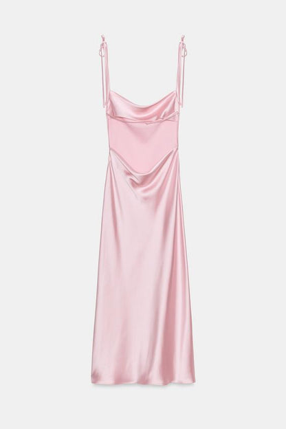 Robe midi satinée à bretelles avec nœuds