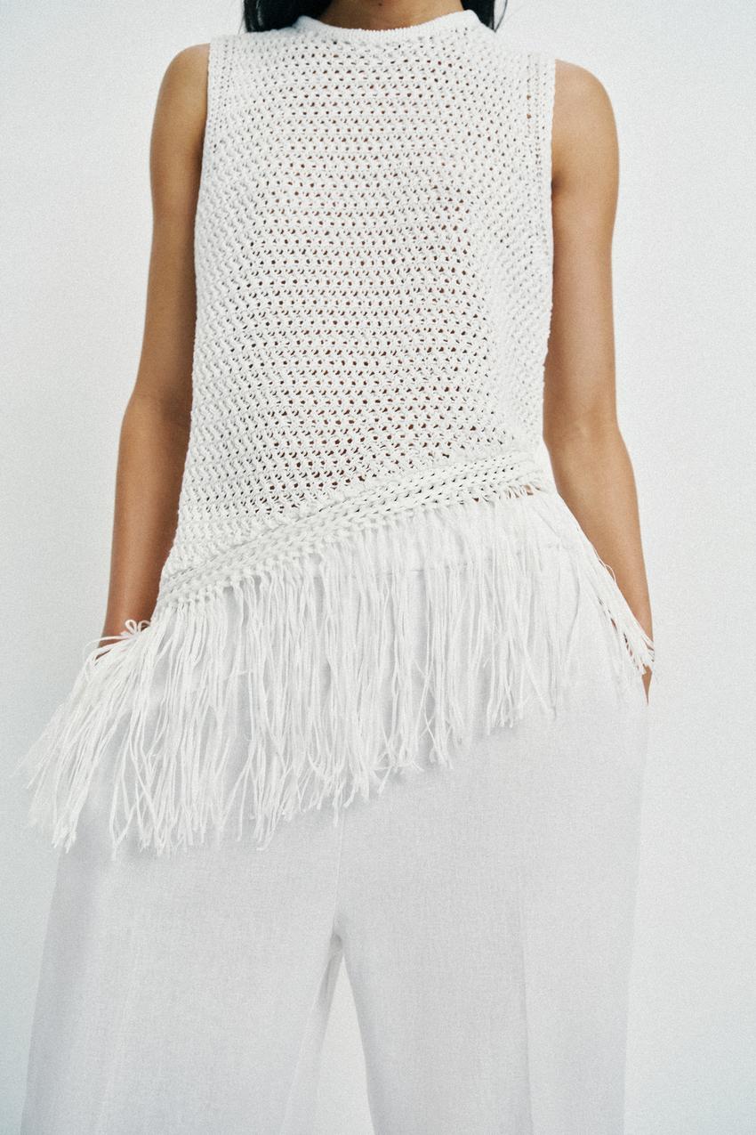 Top en maille à franges