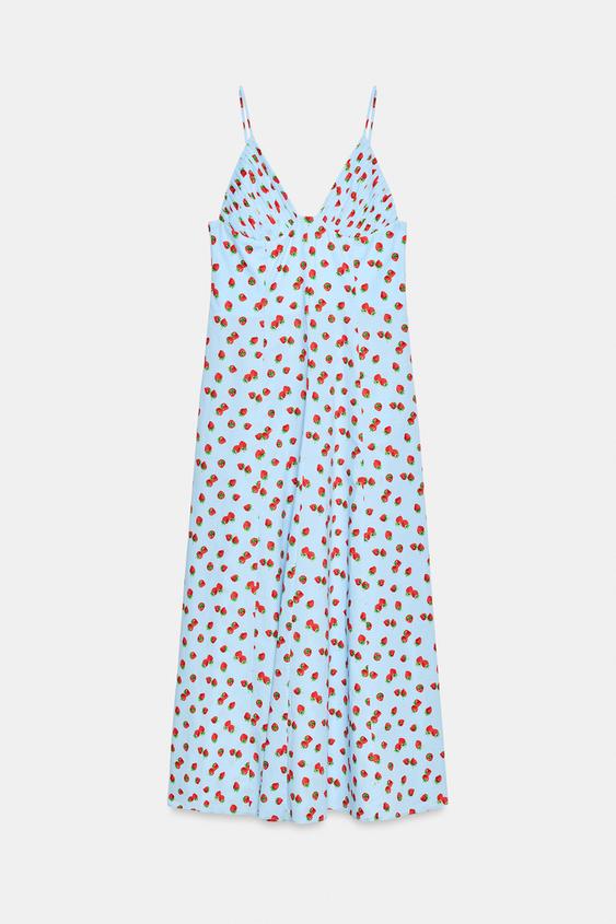 Robe midi en popeline imprimée à motif fraises