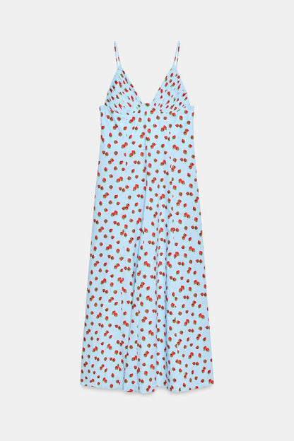 Robe midi en popeline imprimée à motif fraises