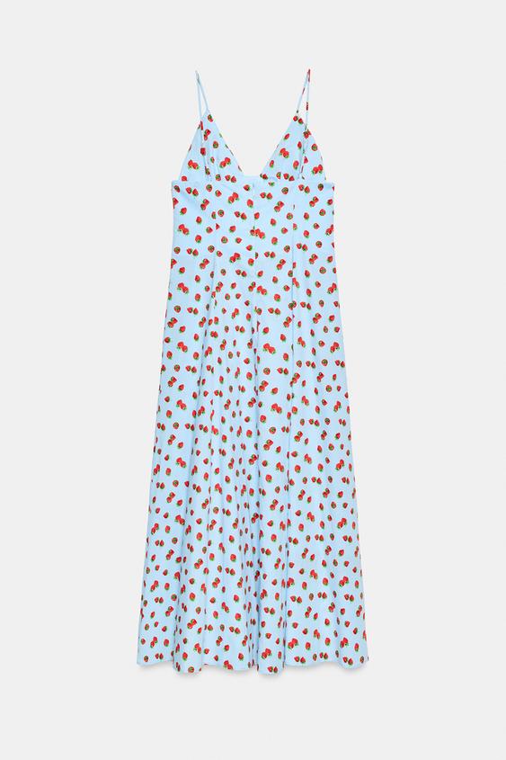Robe midi en popeline imprimée à motif fraises
