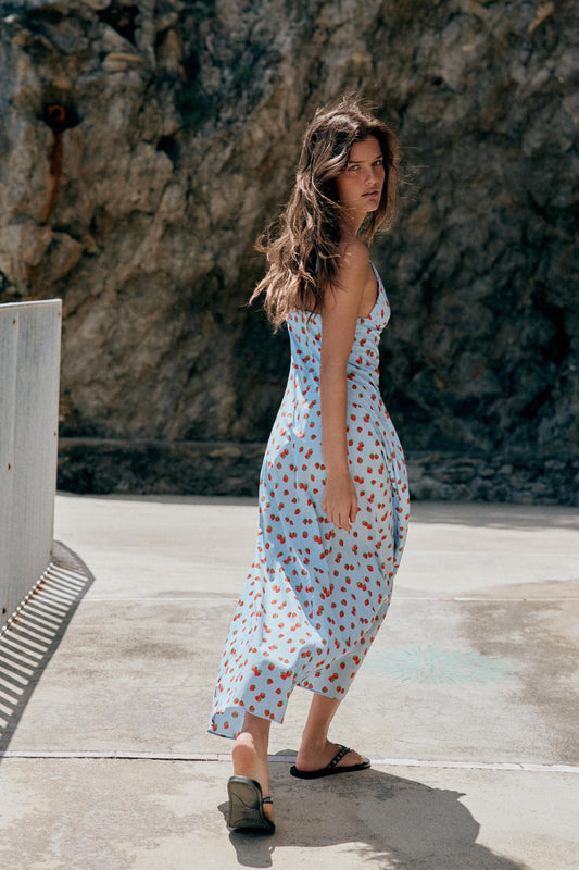 Robe midi en popeline imprimée à motif fraises