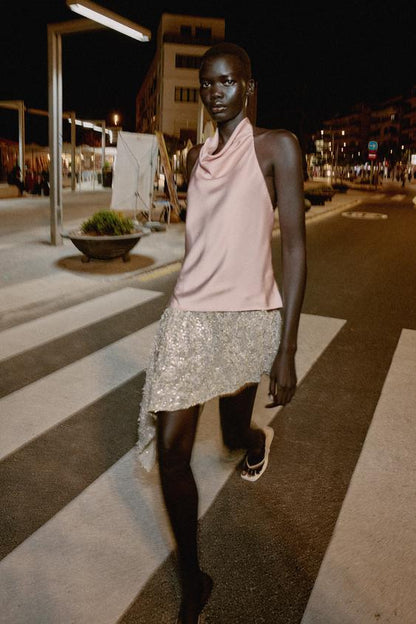 Robe midi contrastée à sequins