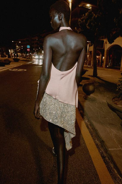 Robe midi contrastée à sequins