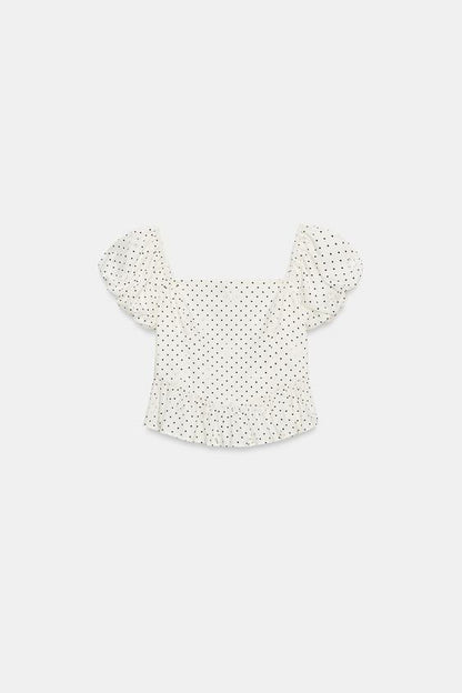 Top imprimé à broderies ajourées