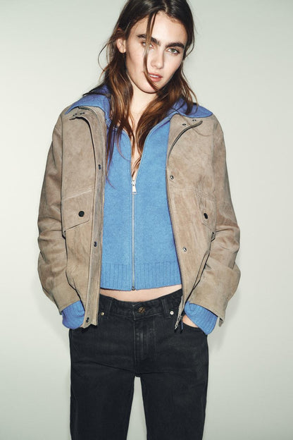 Blouson 100 % cuir suédé à col montant