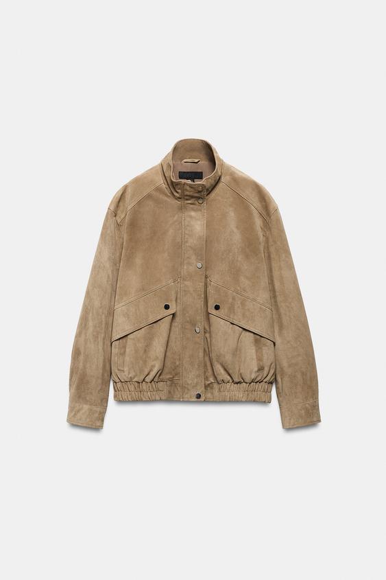 Blouson 100 % cuir suédé à col montant