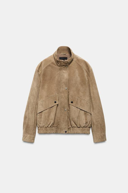 Blouson 100 % cuir suédé à col montant