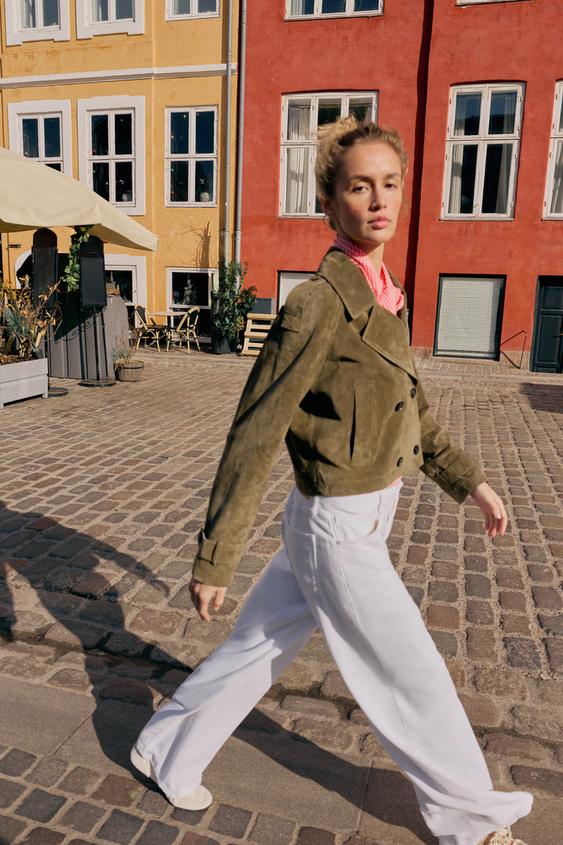Trench court croisé 100 % cuir