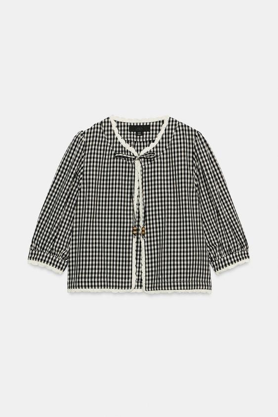 Veste à carreaux vichy contrastée au crochet