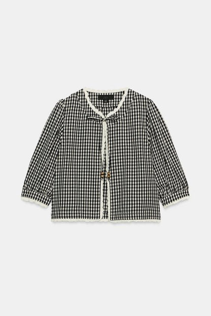 Veste à carreaux vichy contrastée au crochet
