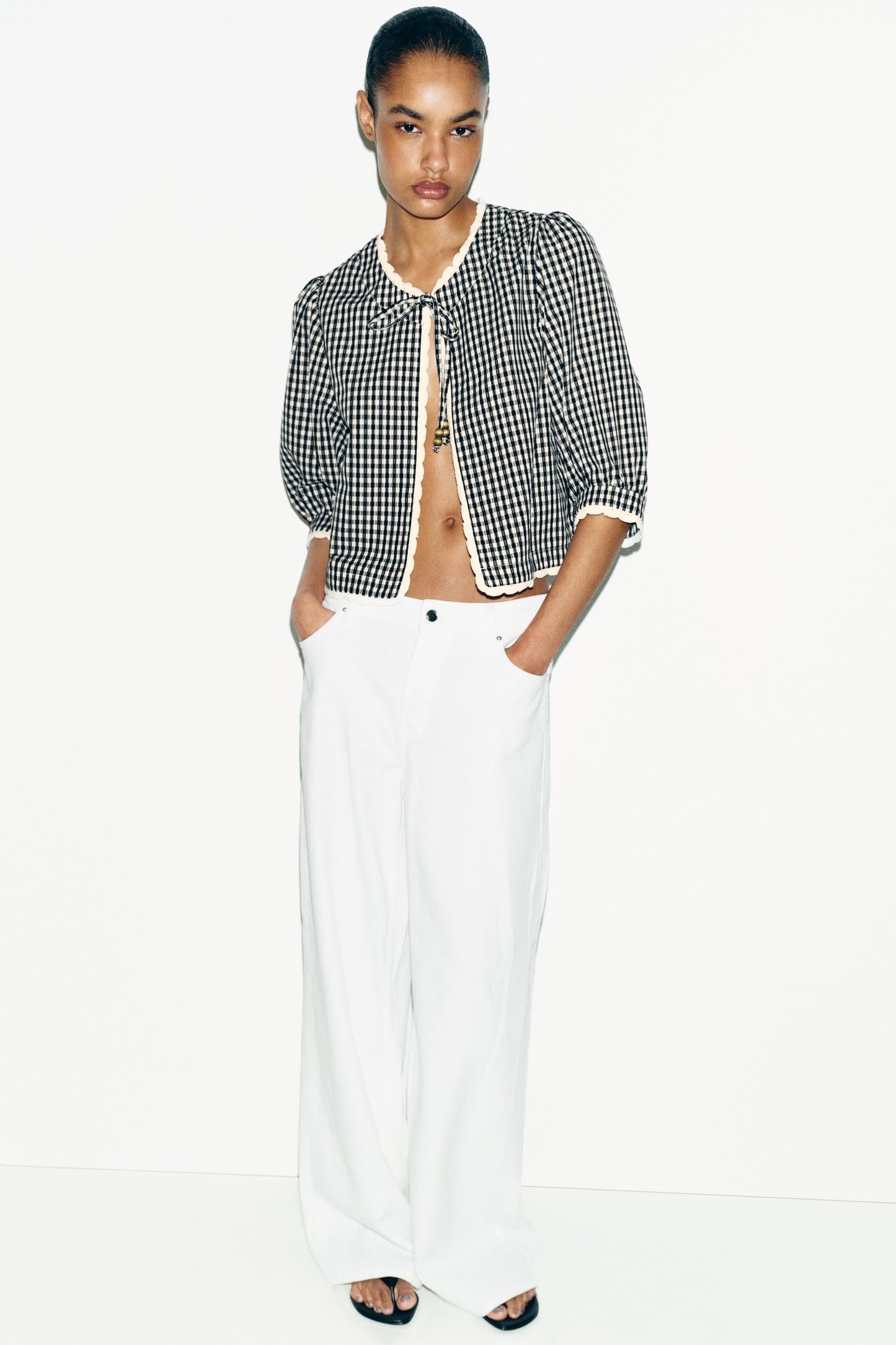 Veste à carreaux vichy contrastée au crochet