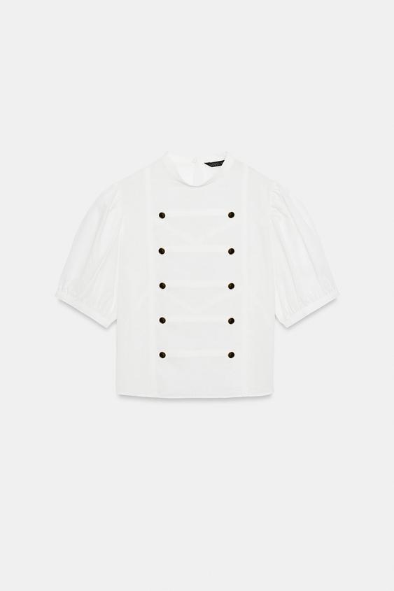 Chemise à brandebourgs à manches courtes bouffantes