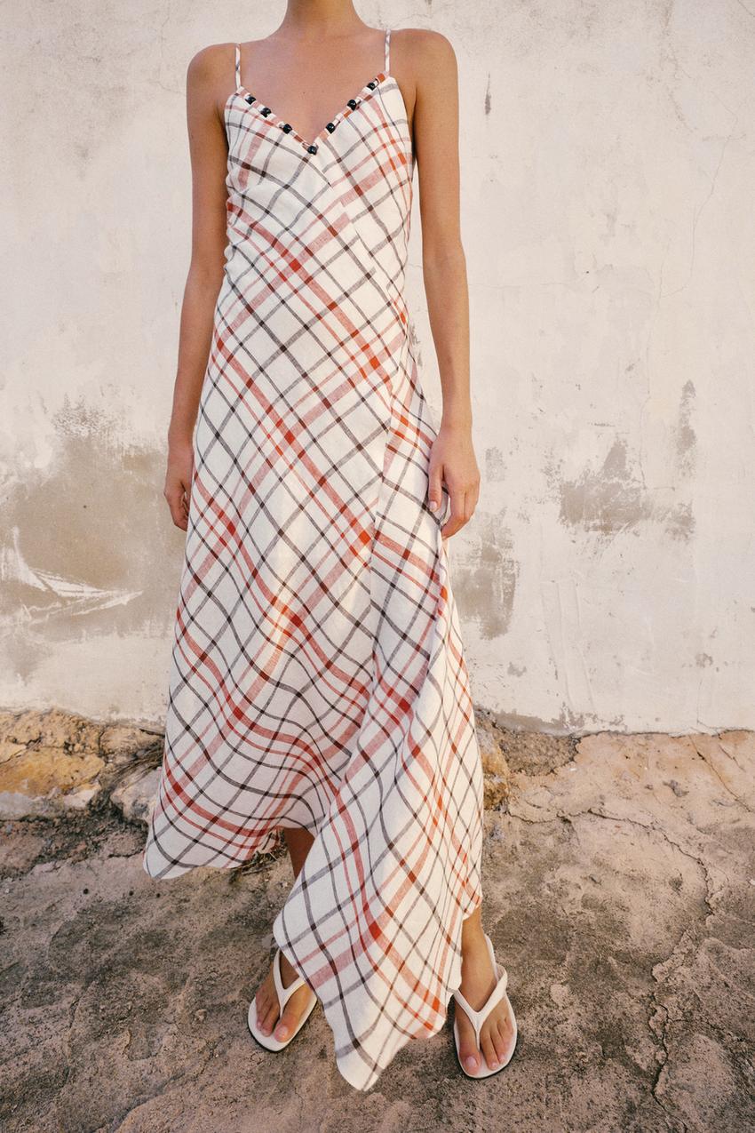 Robe midi à carreaux en lin