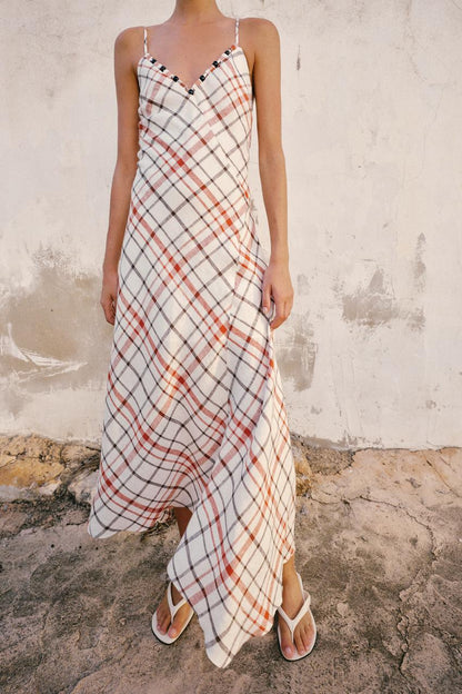 Robe midi à carreaux en lin
