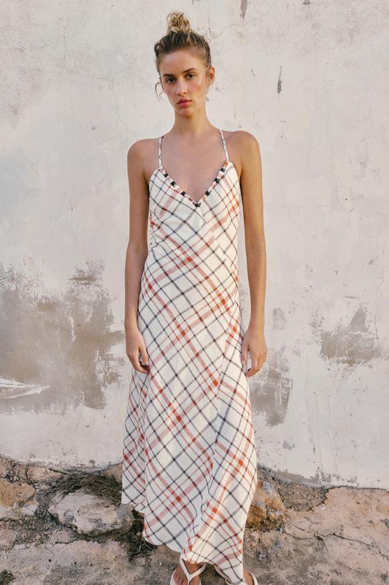 Robe midi à carreaux en lin
