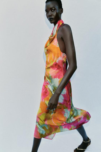 Robe midi satinée imprimée