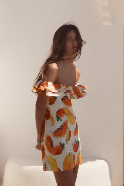 Robe mini à volants et imprimé fruits