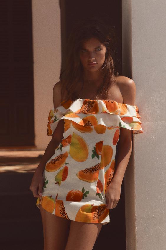 Robe mini à volants et imprimé fruits