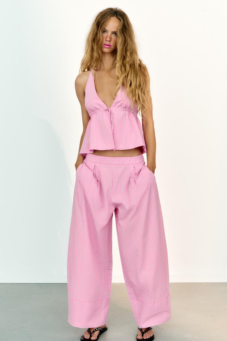Pantalon large en popeline à rayures