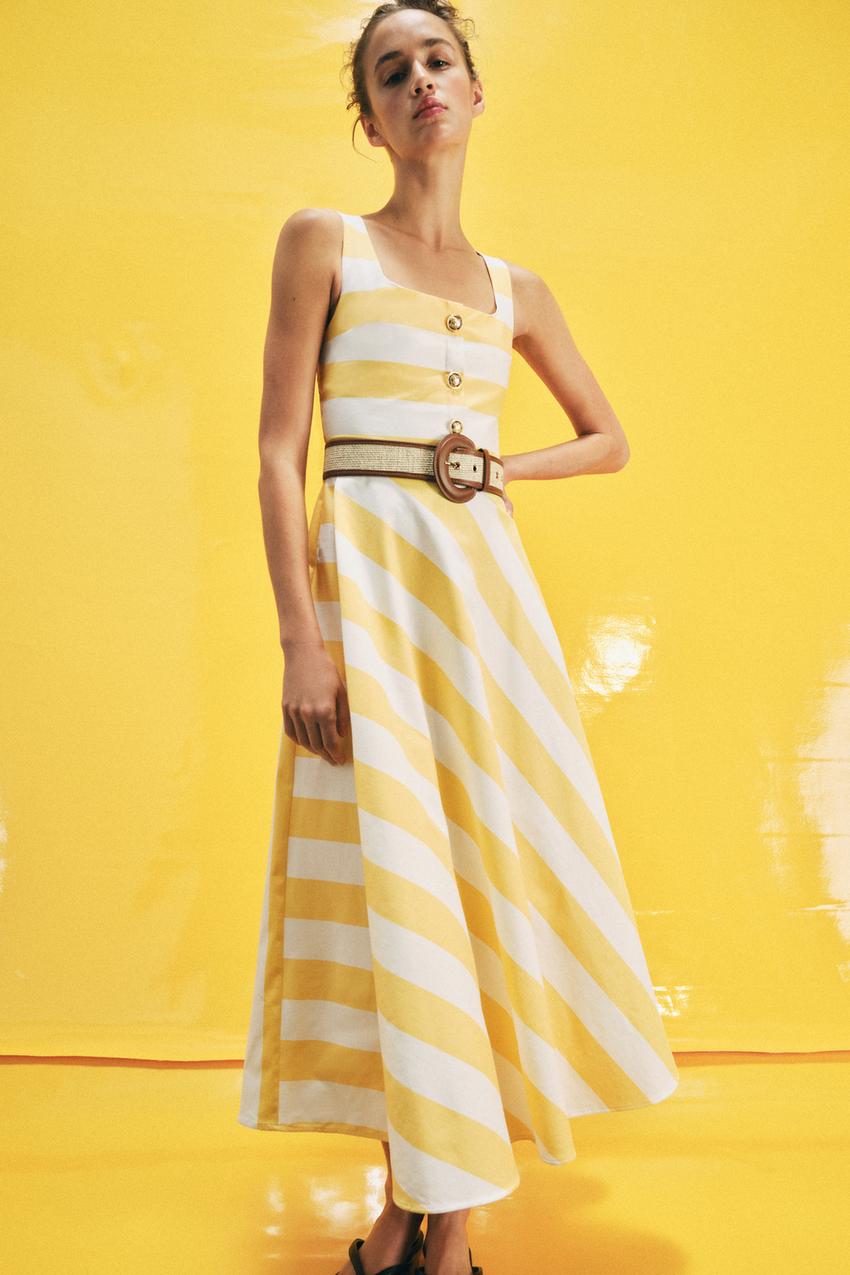 Robe midi à rayures avec ceinture
