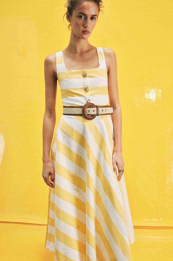Robe midi à rayures avec ceinture