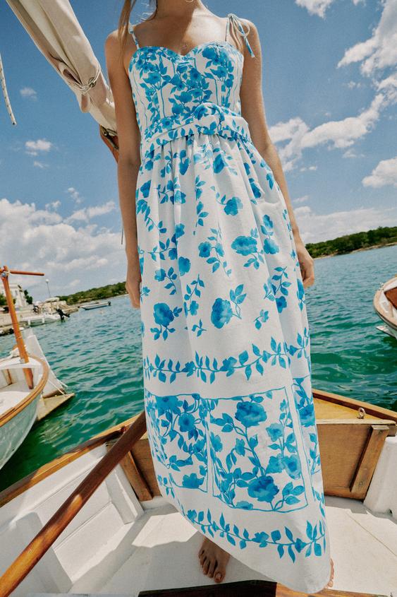 Robe midi imprimée en popeline