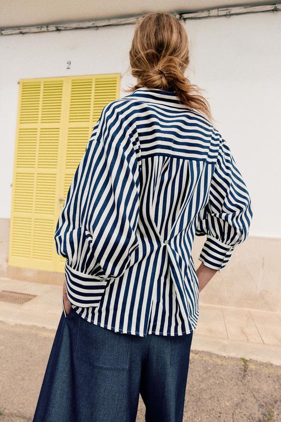 Chemise à rayures en lin à manches bouffantes