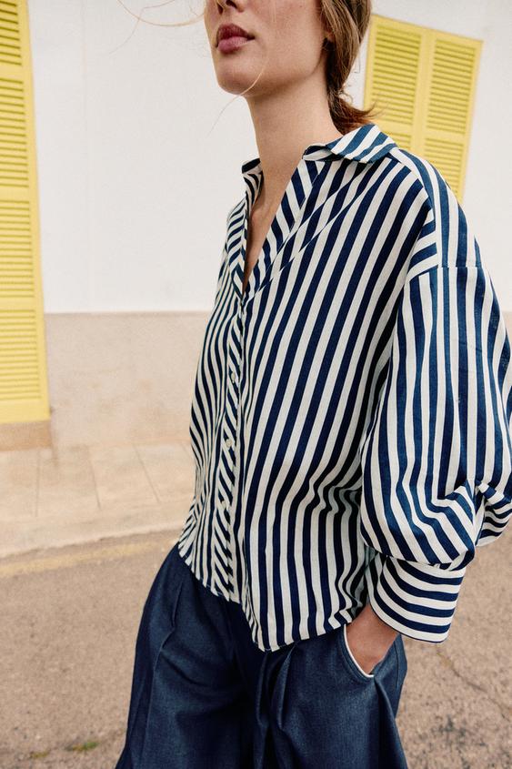 Chemise à rayures en lin à manches bouffantes