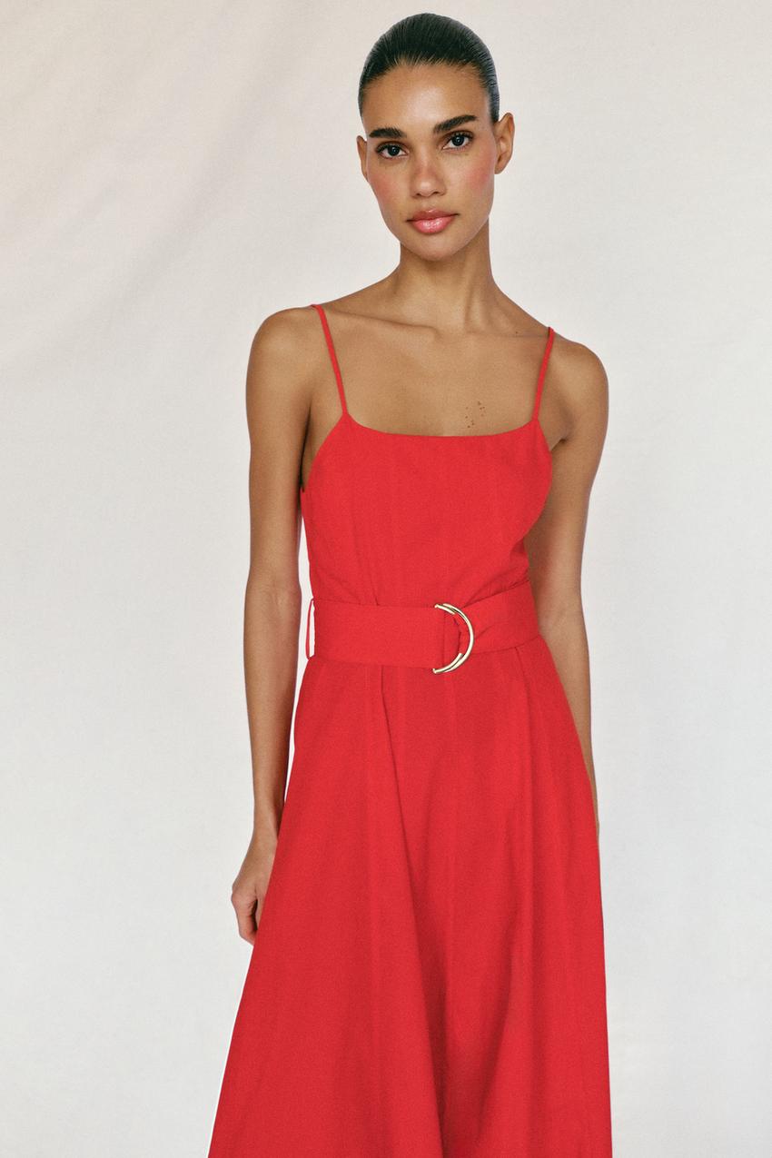 Robe midi en popeline avec ceinture