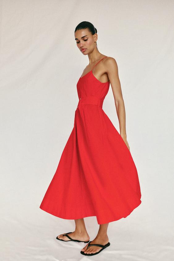 Robe midi en popeline avec ceinture
