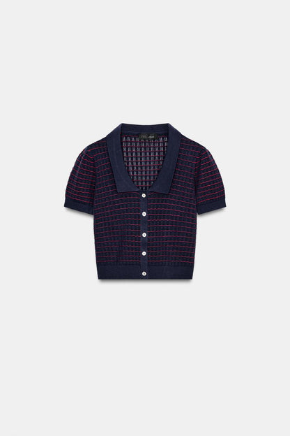 Veste en maille à col claudine et à manches courtes