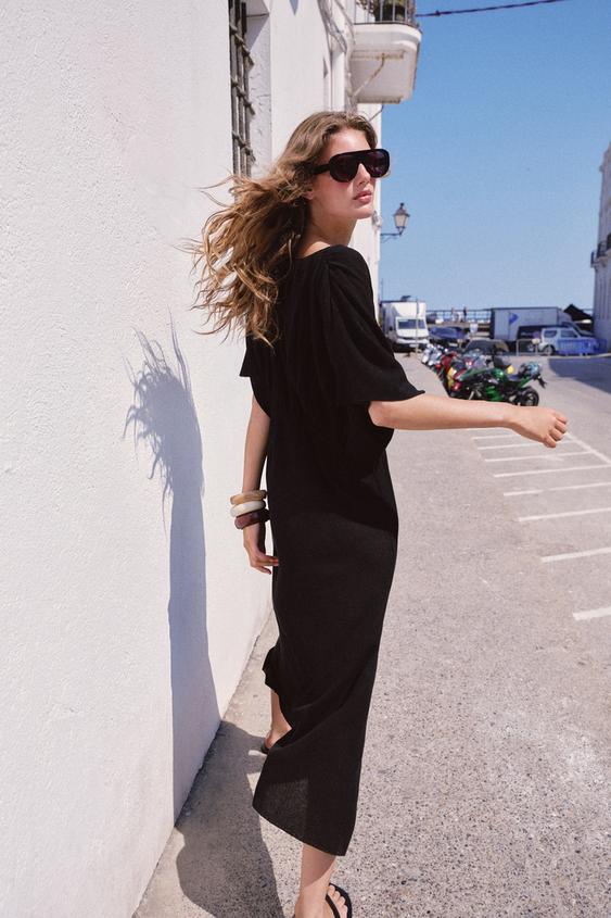 Robe longue en maille à fronces à la taille