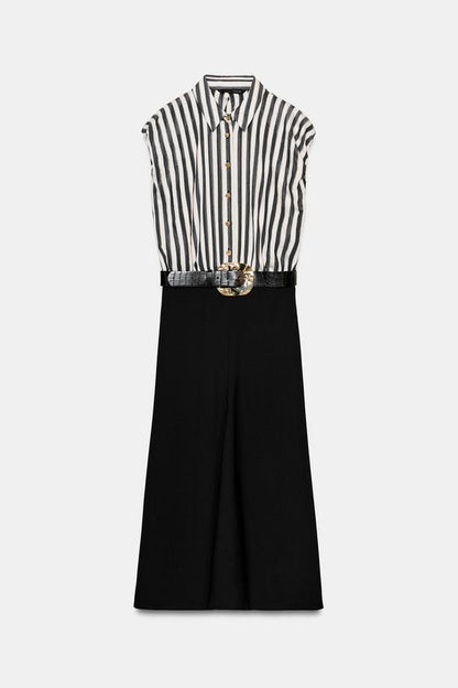 Robe midi contrastée à rayures avec ceinture