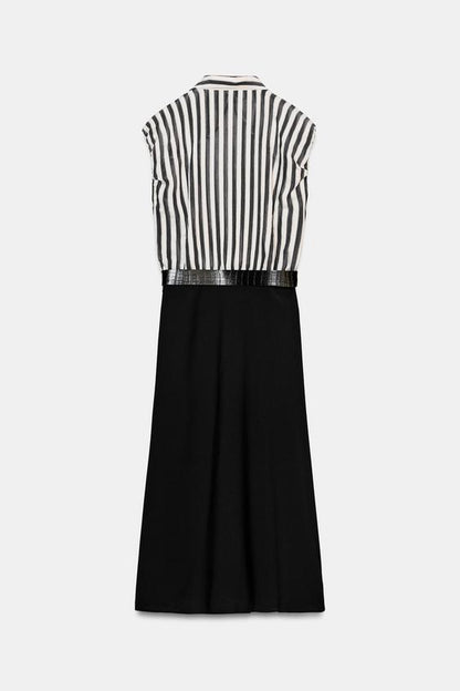 Robe midi contrastée à rayures avec ceinture