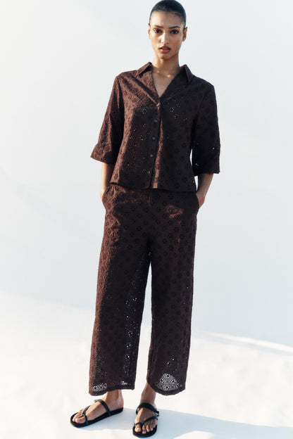 Pantalon-culotte à broderies ajourées