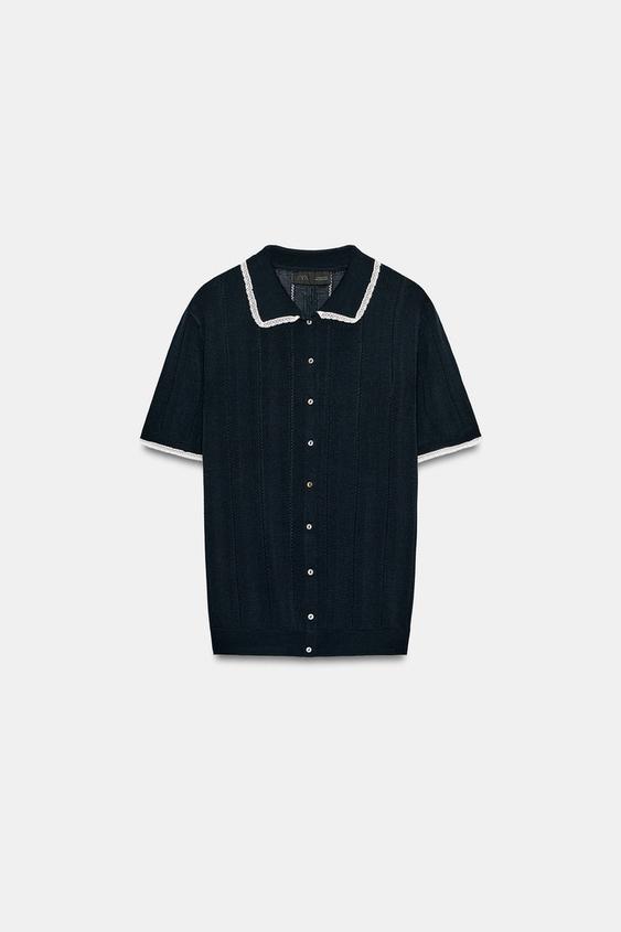 Veste polo en maille à dentelle et manches courtes