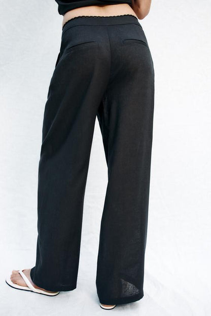 Pantalon droit en lin à dentelle