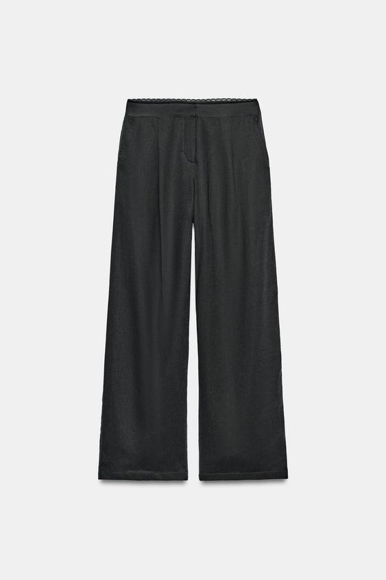 Pantalon droit en lin à dentelle