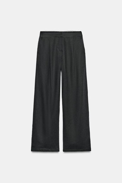 Pantalon droit en lin à dentelle