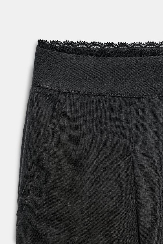 Pantalon droit en lin à dentelle