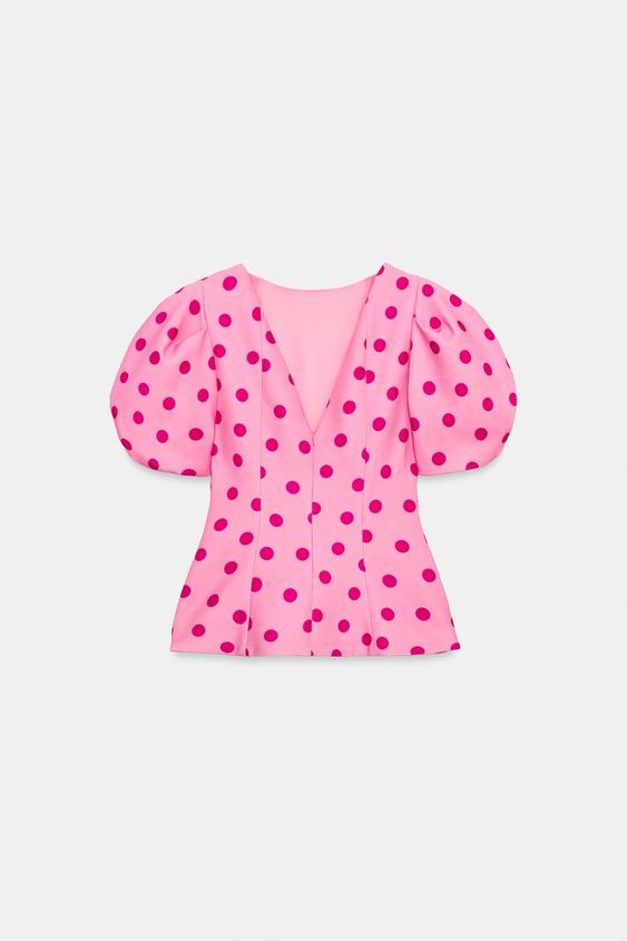 Top à pois à manches bouffantes