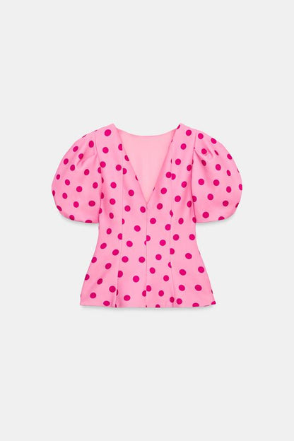 Top à pois à manches bouffantes