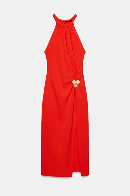 Robe midi dos-nu à détail métallique
