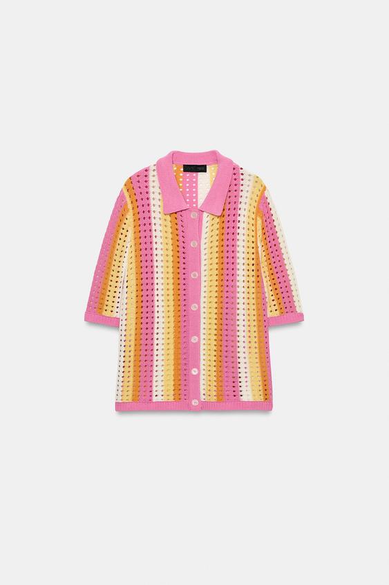 Veste polo en maille ajourée à rayures