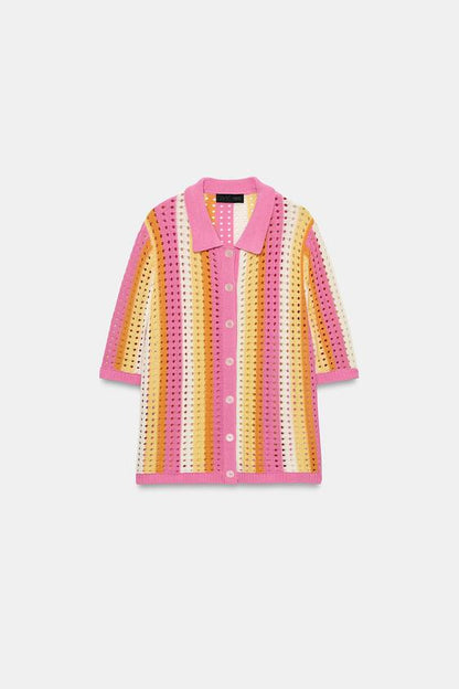 Veste polo en maille ajourée à rayures