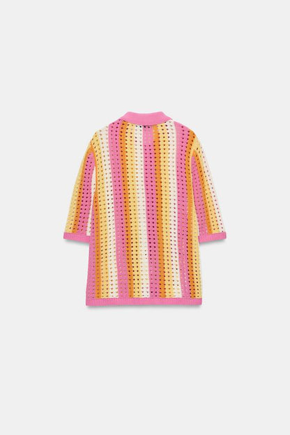 Veste polo en maille ajourée à rayures